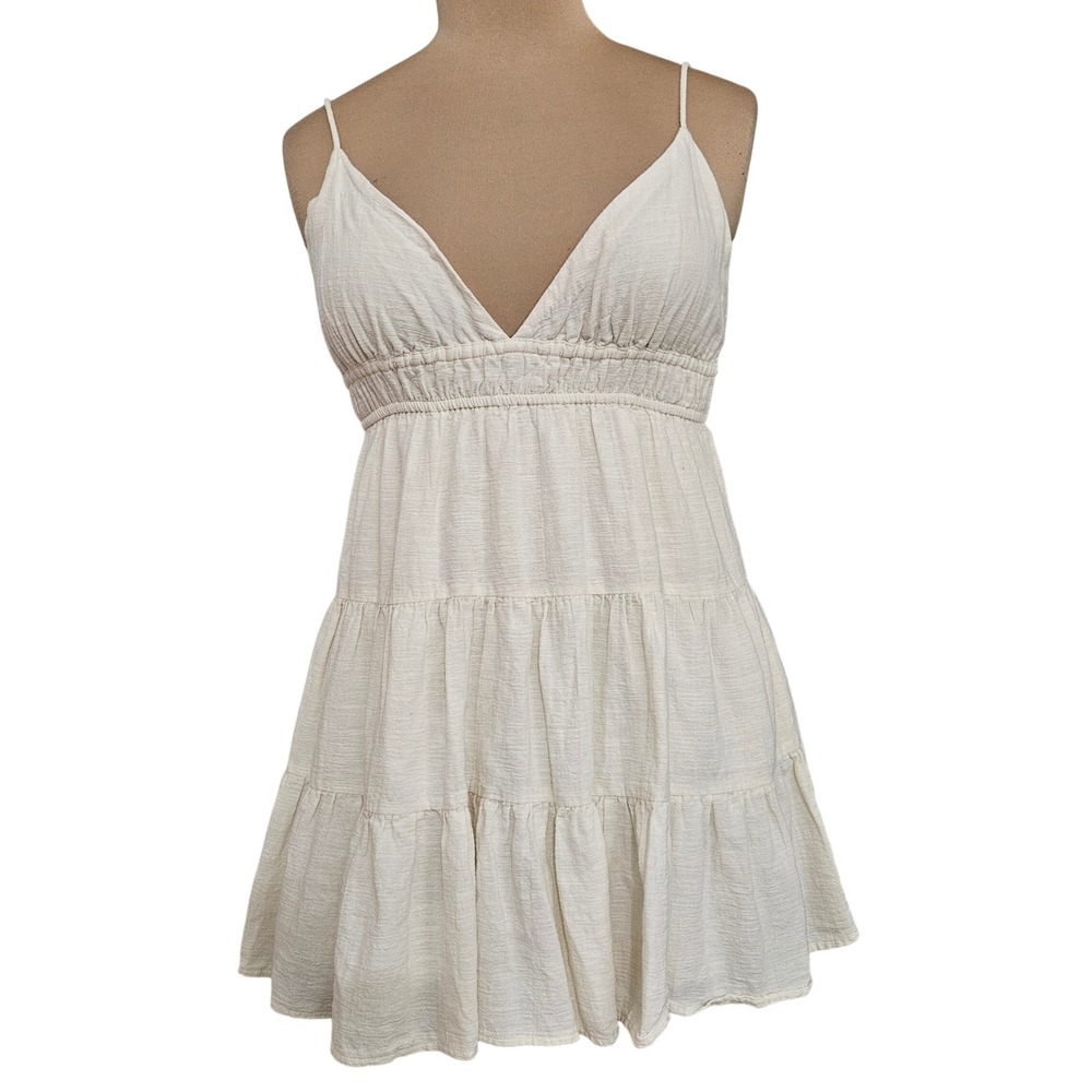Stradivarius Off White Tiered Cotton‎ Mini Dress V-Neck Open Tie Back Size M